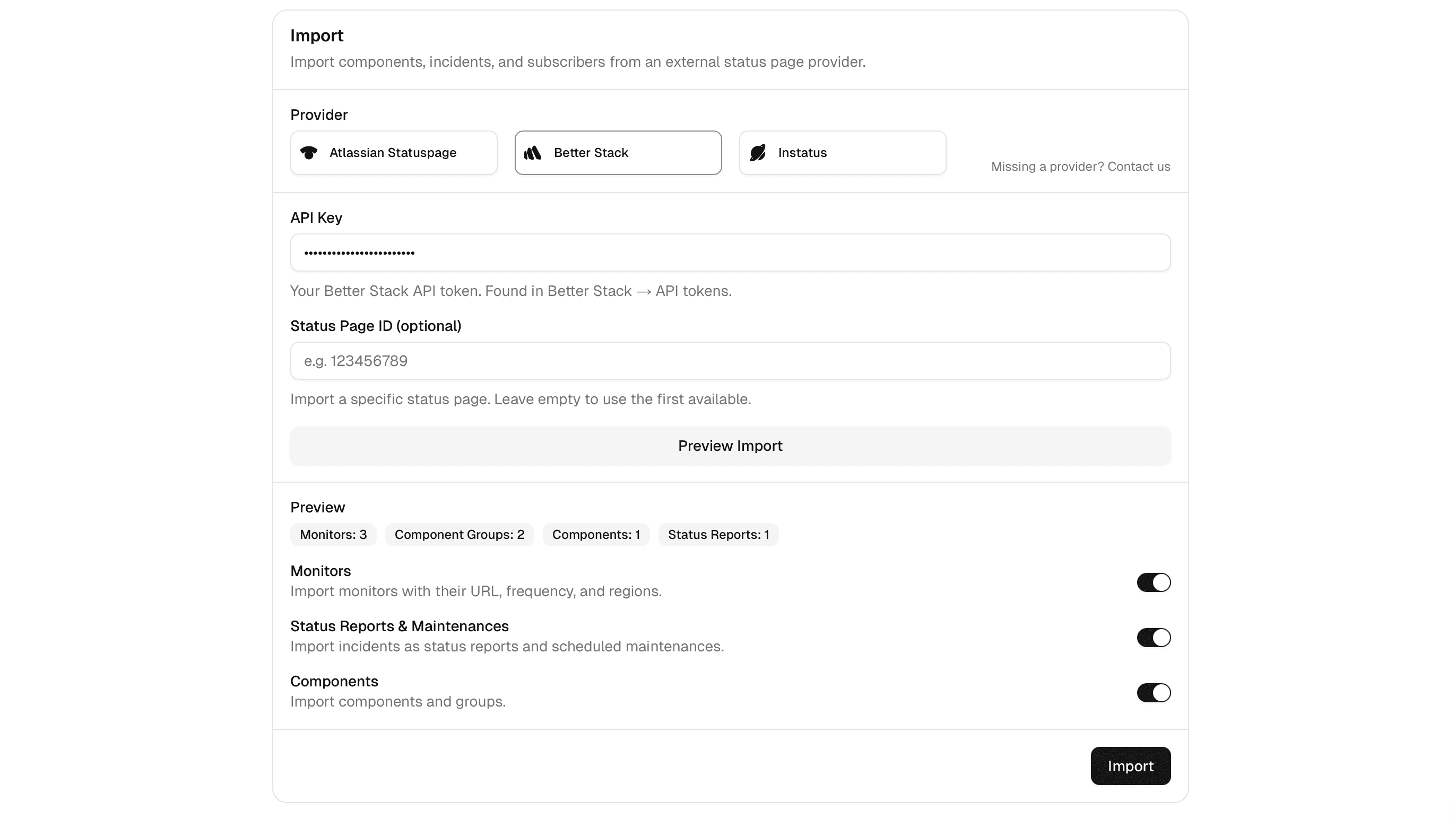 openstatus import form for Better Stack with preview summary and import toggles